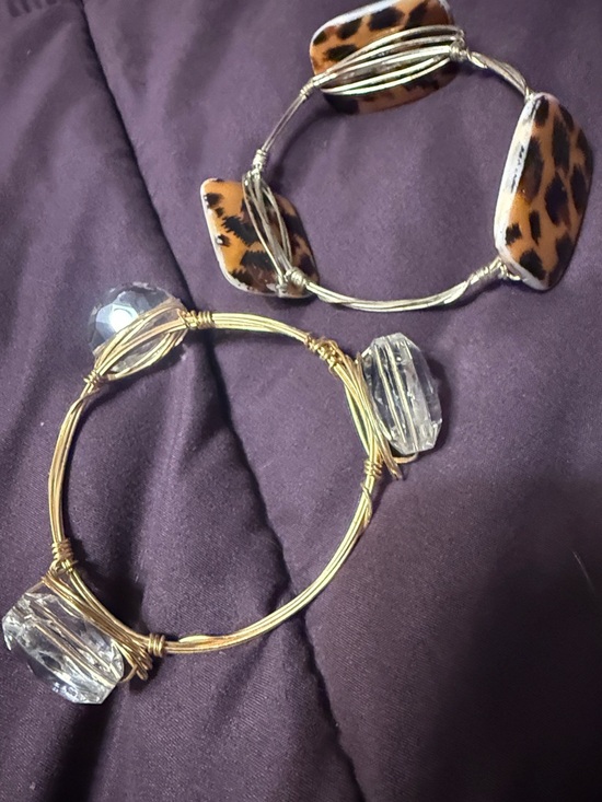 None Jewelry - Set of Two Statement Bangle Bracelets - Leopard & Clear Crystal